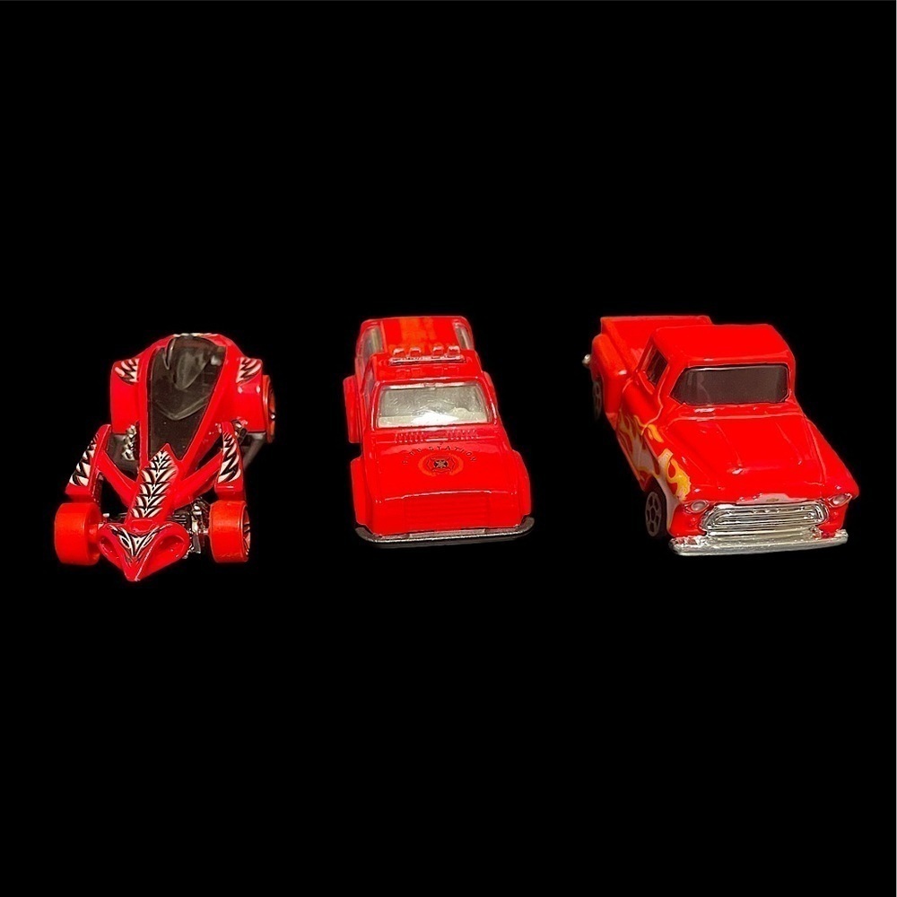 Hot wheels red set of 3 cars Chevy fire truck race car toy cars 1957 Chevrolet